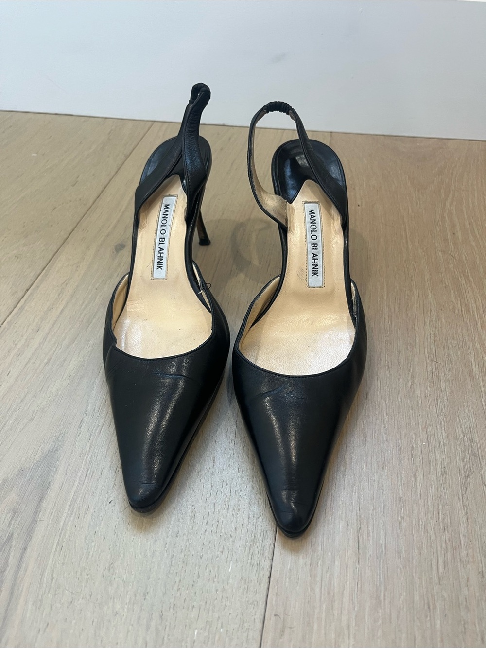 Manolo Blahnik Black Leather Pointed-Toe Slingback Heels